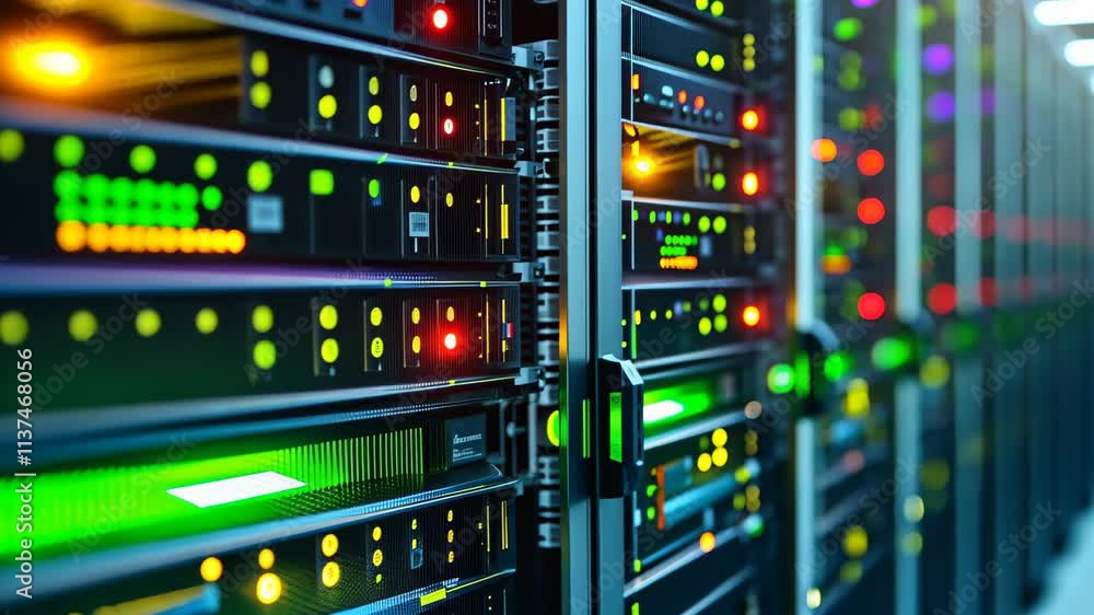 Poster a row of servers neatly arranged in a data center, connected to numerous cables and humming with act