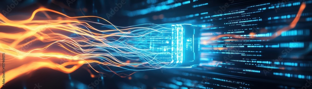 Fototapete an abstract art piece depicting data flowing through a server like rivers of light, neon blue and or