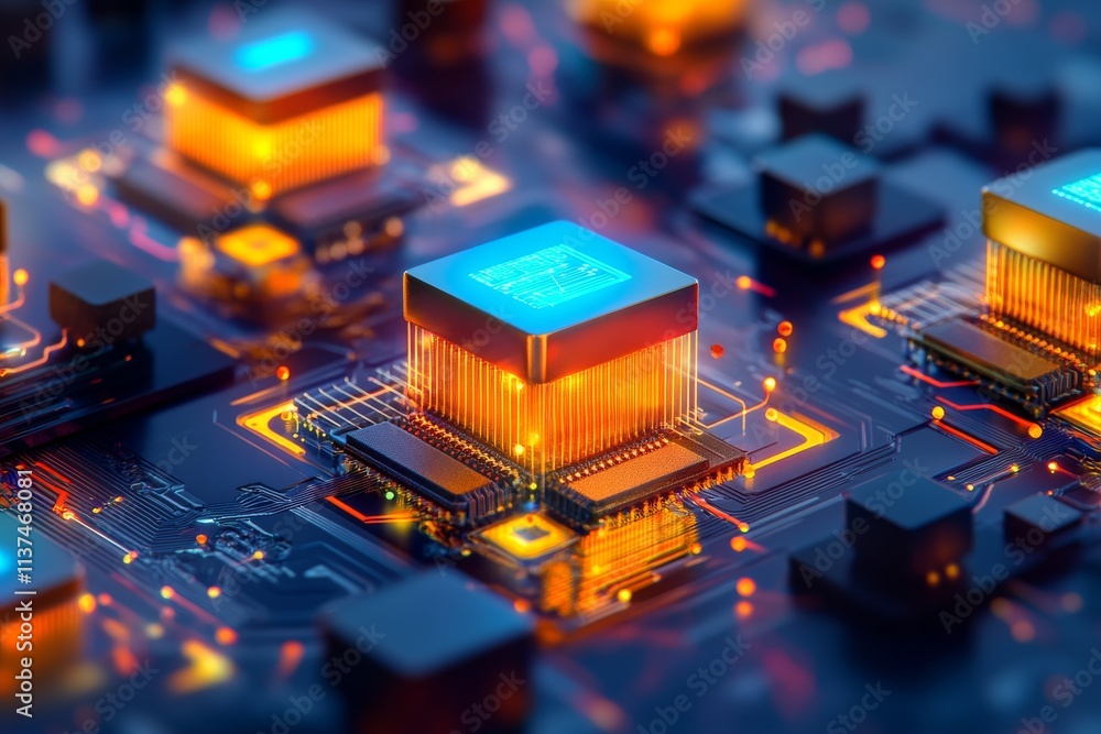 Poster microservices concept. futuristic circuit board with glowing microchips.