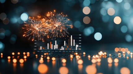 Vibrant Fireworks Above Graph with Colorful Bokeh Background Representing Celebration and Success in Business and Finance Metrics