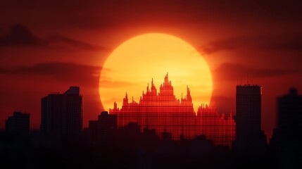 Fototapeta premium Token and volatility concept. Dramatic sunset over a city skyline silhouette.