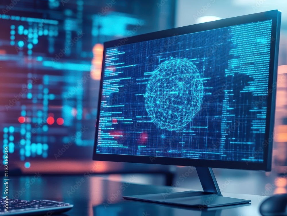 Poster AI software learning from cyberattack patterns to enhance predictive defenses front view visualizing active learning advanced tone Complementary Color Scheme
