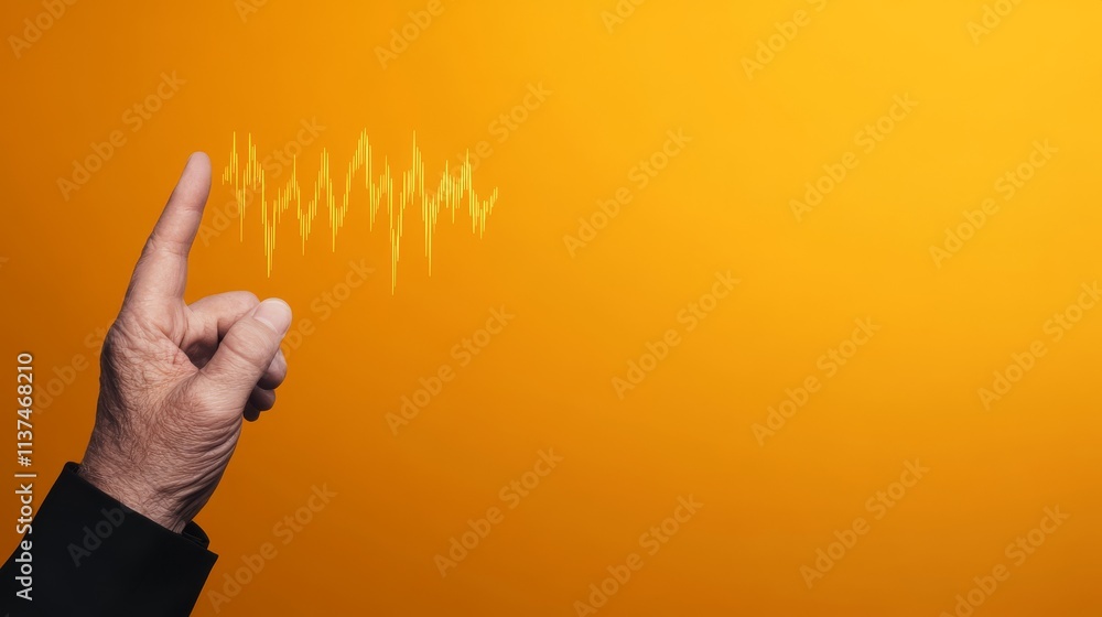 Poster token and volatility concept. hand pointing with sound waves on an orange background