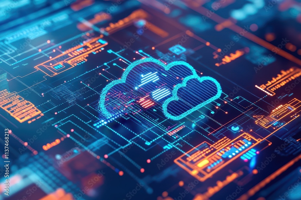 Poster AI systems monitoring realtime cloud security breaches front view illustrating advanced response protocols technology tone Complementary Color Scheme