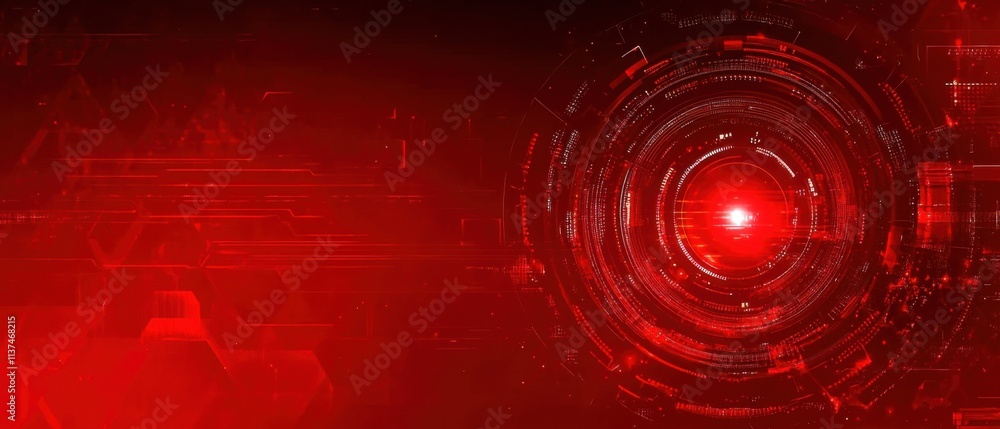Poster abstract red technology background: futuristic circuit board design with glowing core