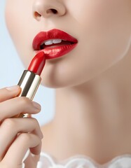 Naklejka premium A young, beautiful woman paints her lips with red lipstick.