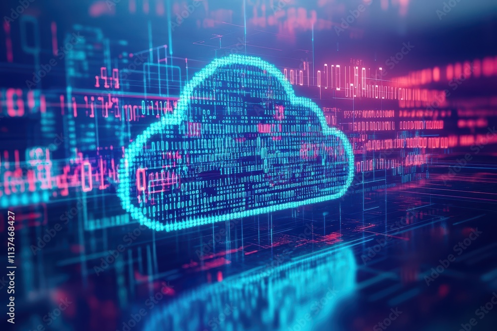 Aufkleber Abstract visualization of cloud computing, digital cloud surrounded by binary code streams, holographic effect, scifi theme