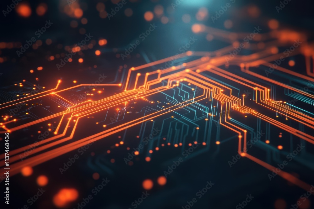 Aufkleber Abstract waveforms integrating circuit lines, with a glowing orange and black color palette reminiscent of molten lava
