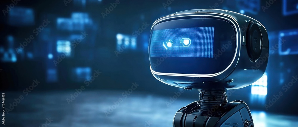 Poster futuristic robot with digital display screen, ai technology concept