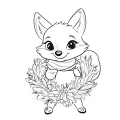 Obraz premium Fox in Wreath: A charming fox with big eyes and a scarf, holding a festive wreath - perfect for holiday coloring pages, greeting cards, and crafts. 