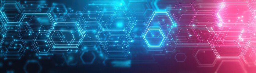 Fototapeta premium Abstract web of glowing circuit lines interwoven with translucent hexagonal patterns on a vibrant magenta and blue background