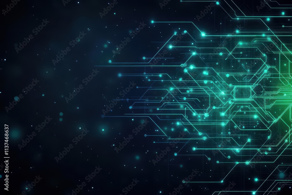 Aufkleber Abstract design with glowing green and blue circuit lines creating a fractal pattern on a dark cosmic background