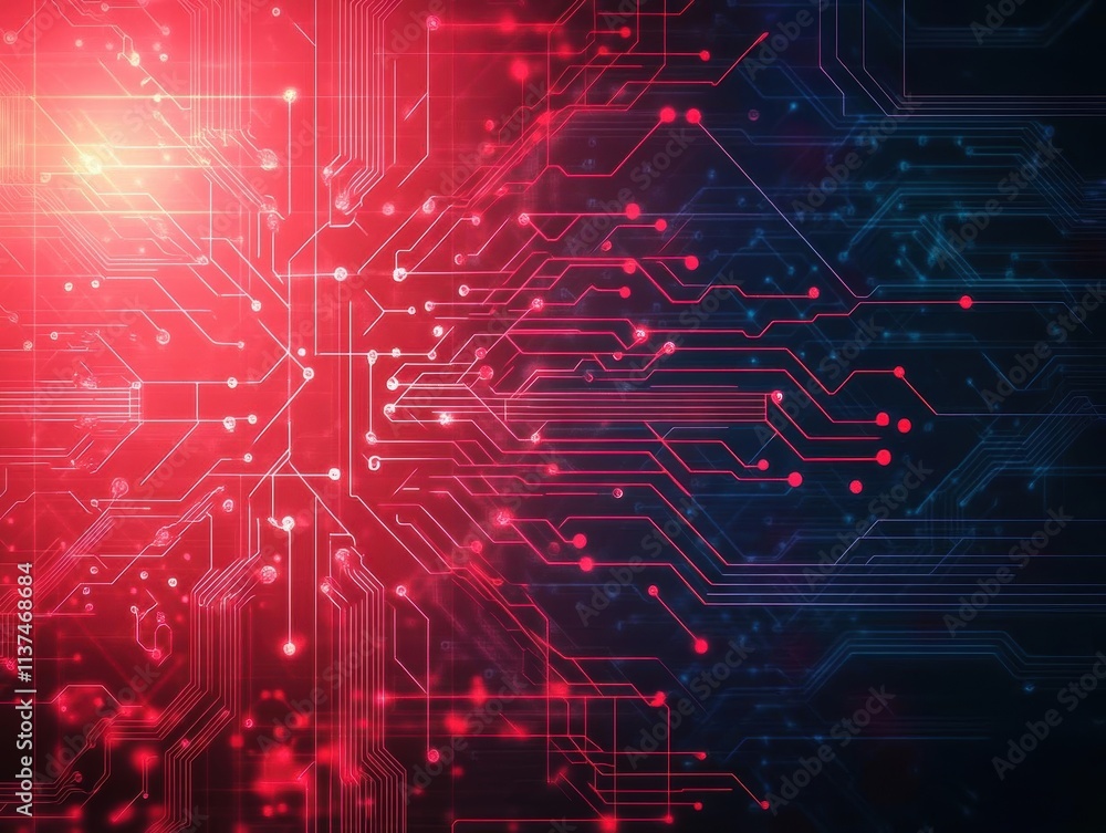 Poster Abstract circuit lines branching out like veins, overlaid on a glowing red and black gradient background