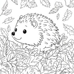 Fototapeta premium Adorable Autumn Hedgehog: A charming line drawing of a friendly hedgehog surrounded by falling autumn leaves, perfect for coloring pages, children's books, and nature-themed designs. 