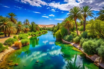 Desert Oasis River Panorama: Lush Green Forest, Blue Sky, Candid Photography