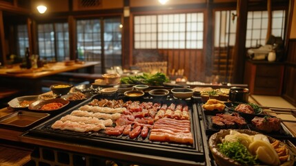 Obraz premium Grilled meats, sides, Japanese setting.