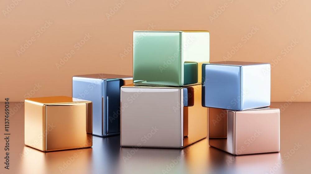 Poster a collection of shiny, metallic cubes in various colors stacked on a smooth surface.