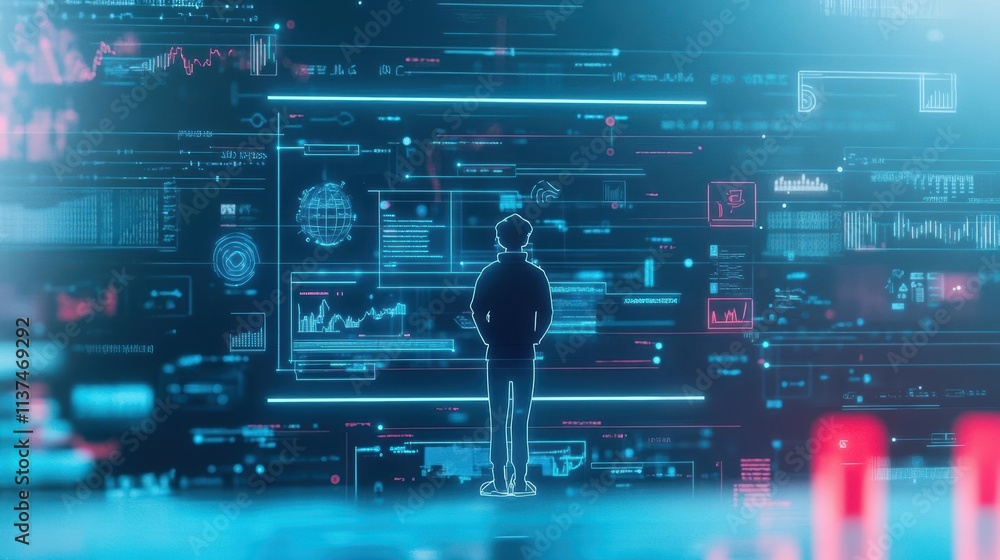 Aufkleber A stylized digital drawing of a student in cyberspace, surrounded by holographic learning materials and data streams