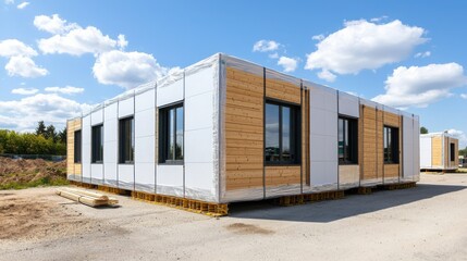 Naklejka premium Modern Lightweight Prefabricated Panels for Construction with Protective Wrapping in a Bright Outdoor Setting