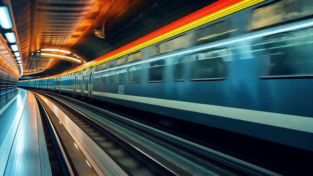 A train is seen traveling through a busy train station surrounded by tall buildings, An abstract train speeding on futuristic tracks