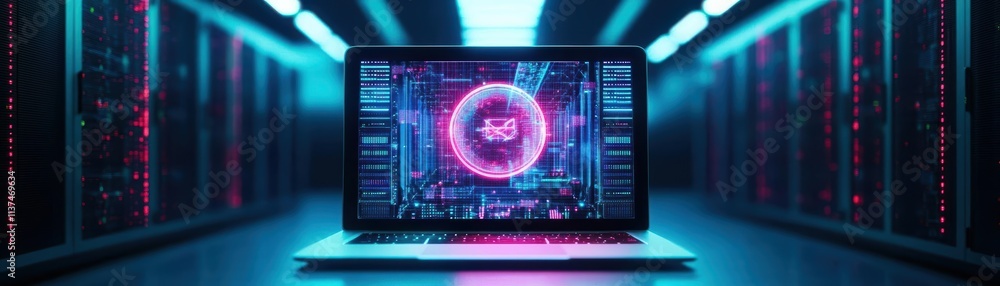 Aufkleber a sleek laptop in a dimly lit tech room, projecting a holographic interface of a data center network