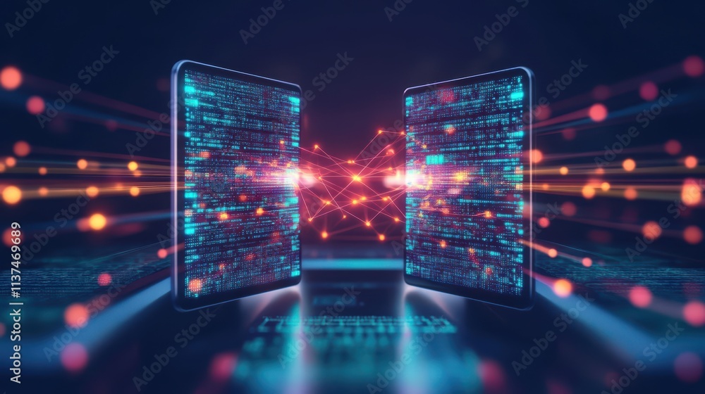 Poster A seamless transaction between two devices with glowing beams of data connecting them, hightech, gradient colors, ultrasharp digital art