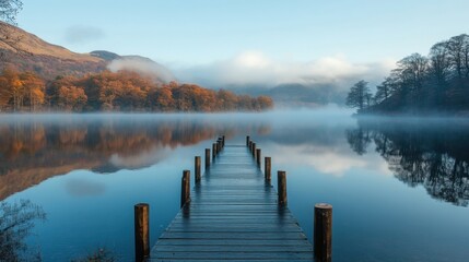 Wooden pier, misty lake, autumn trees.