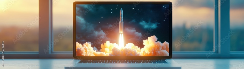 Poster a rocket launch stream playing on a modern laptop screen robotic tone monochromatic color scheme