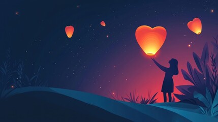 Obraz premium Silhouette of a girl releasing a heart-shaped sky lantern at twilight, surrounded by nature, under a starry night sky.