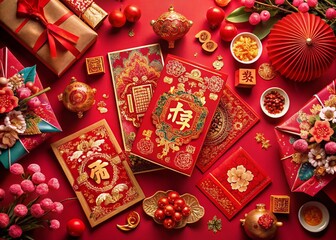 Diverse Sizes of Chinese Lunar New Year Red Packets Displayed in Elegant Arrangement, Showcasing Festive Designs, Cultural Significance, and Vibrant Colors for Celebrating the Holiday