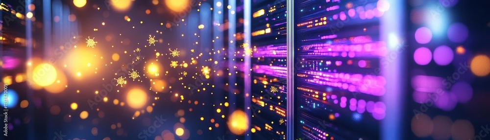Poster a quantum server room, particles of light floating around, abstract quantum entanglement visuals, gl