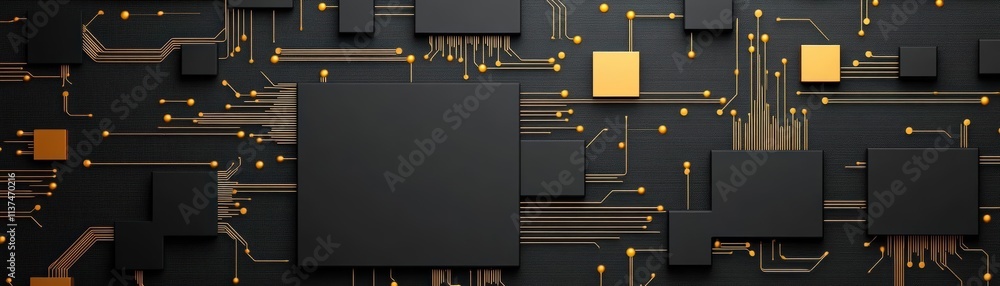 Poster A minimalist abstract pattern of golden circuit lines arranged geometrically on a matte black textured background