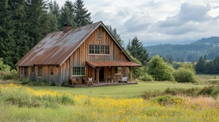 Obraz premium Wooden barn, flowers, mountains; serene.