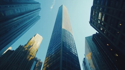 Fototapeta premium Tall skyscraper among city buildings. Clear sky.