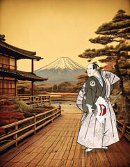 扇子を広げている武士