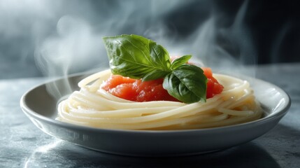 Steaming pasta, tomato sauce, basil.
