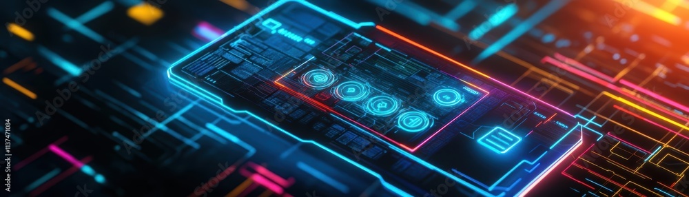 Poster a futuristic digital wallet interface, glowing holographic buttons floating in midair, vibrant neon 