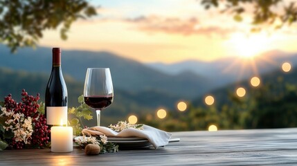 Relaxing evening outdoors with a glass of red wine gourmet snacks and a scenic mountain view at sunset  A peaceful intimate setting for unwinding and enjoying the natural beauty