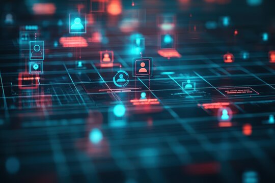 A futuristic representation of customer segmentation, glowing digital personas floating over a grid, soft tech tones, abstract visual design, sharp details