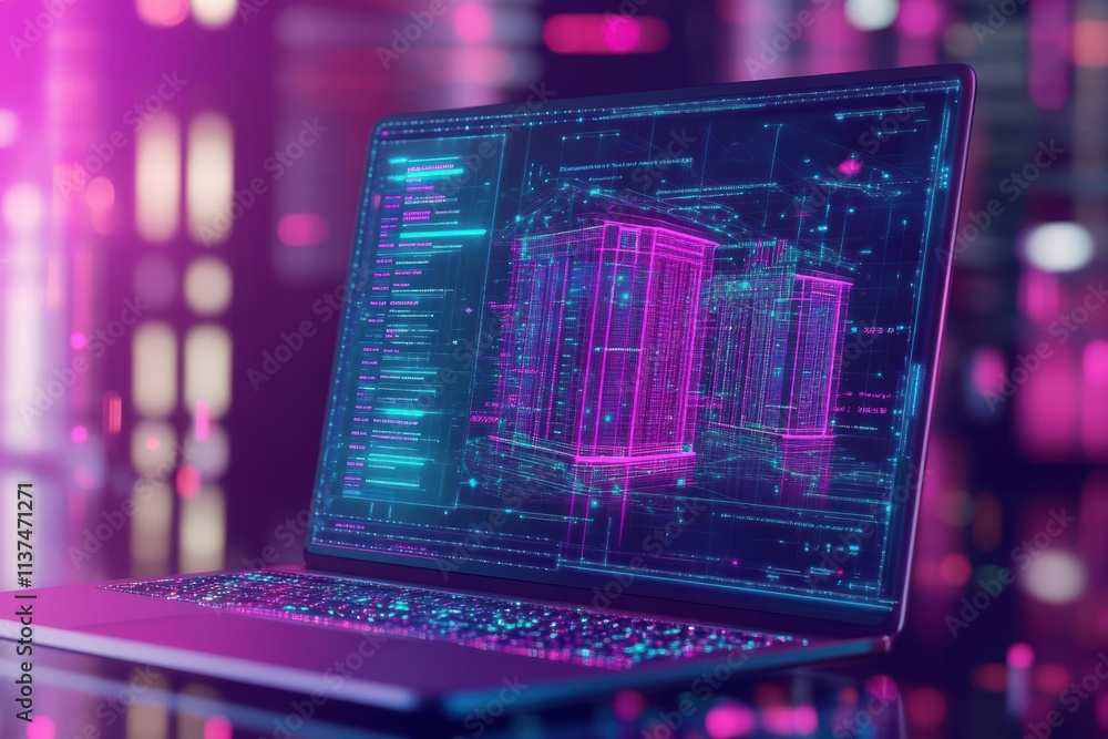 Aufkleber a digital twin of a data center displayed on a laptop screen, vibrant interface design, glowing char