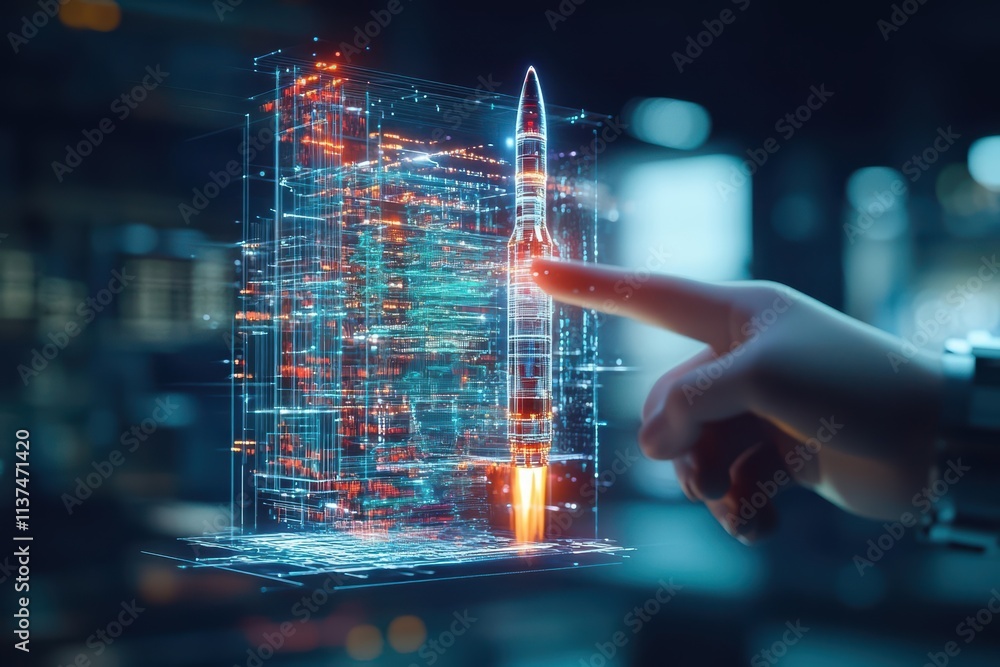Fototapete A cybernetic arm projecting a multilayered hologram of a rocket and satellite system, emphasizing modern aerospace tech