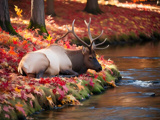 Female elk resting by a stream in autumn nature photography serene forest environment wildlife concept