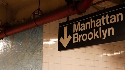 New York subway station interior, Manhattan text sign. Underground metropolitan. United States...