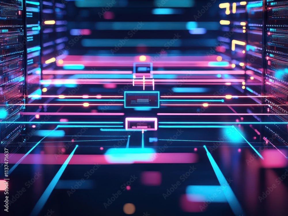 Poster A concept design of a futuristic server network connected by beams of light, abstract 3D rendering, glowing cyan and magenta, dynamic perspective
