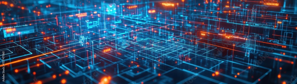 Poster a city viewed through the lens of augmented reality with glowing digital networks in top view illust