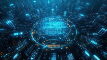 Fototapeta premium A birdseye view of a futuristic city designed as a massive data network, glowing pathways, dark blue tones, holographic overlay, ultradetailed