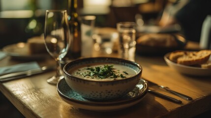 Obraz premium Creamy soup with herbs on a wooden table.
