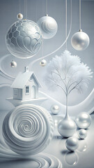 Elegant winter composition with white decorations, a house, and abstract elements in a serene setting
