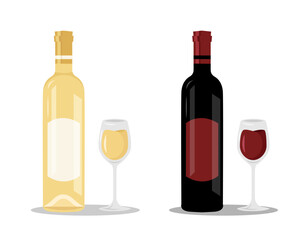 Wine bottle vector illustration set. Bottle of red and white wine with wineglasses. Beautiful bottles and glasses for decoration menu in restaurant or cafe. Alcoholic beverage. Realistic vector