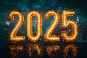 A photograph depicting "2025" made of golden, glowing balloons with city lights in the background. This image represents a New Year's celebration concept. 